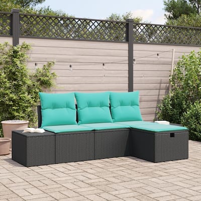 vidaXL 4 Piece Garden Sofa Set with Cushions Black Poly Rattan - 94.1×46.1×27.2