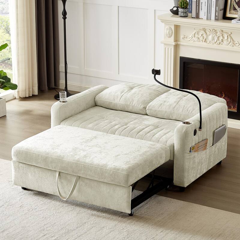 Chenille Loveseat Convertible Pull-out Sleeper Sofa Bed, Tufted Couch w2 Cup Holders Phone Holder & 3 USB Ports, Pockets