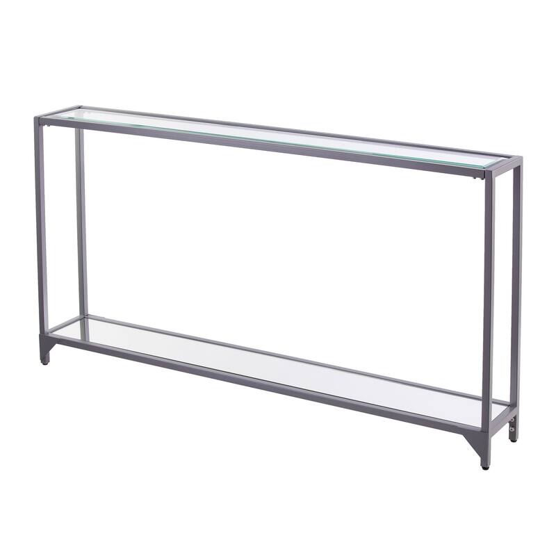 HomeRoots 56" Clear and Silver Glass Mirrored Floor Shelf Console Table With Storage - 56.00 in. x 29.00 in. x 8.00 in.