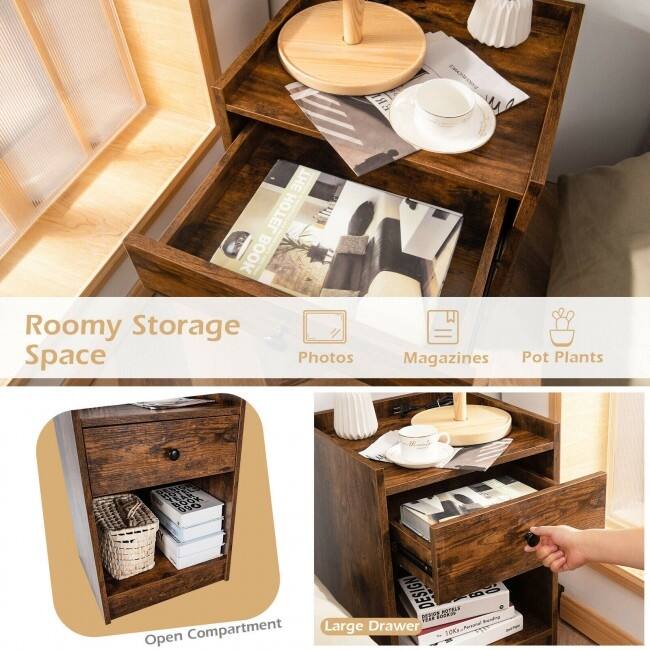 Set of 2 Nightstand with Drawer Cabinet End Side Table Raised Top