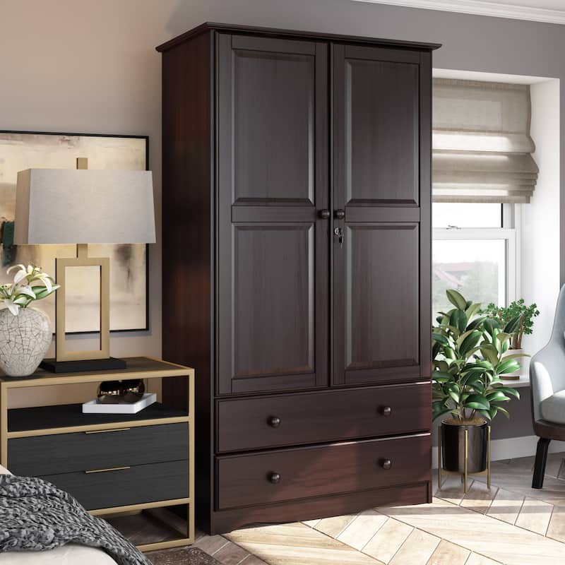 Palace Imports 100% Solid Wood Smart Wardrobe Armoire with 2 Drawers, Metal or Wooden Knobs - Java