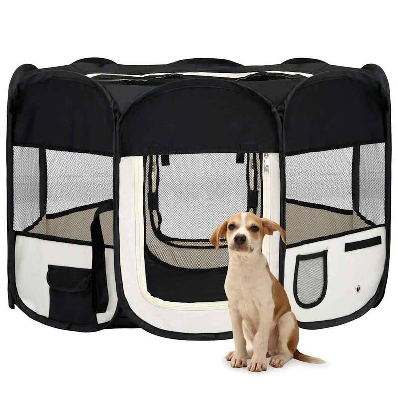 vidaXL Foldable Dog Playpen with Carrying Bag Dog Kennel Puppy Run Playpen - 43.3" x 43.3" x 22.8" - Black and cream