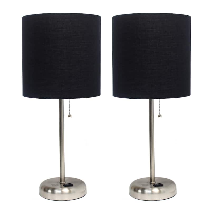 Simple Designs 19.5" 2 Pack Table Desk Lamp Set with Charging Outlet - 19.50 - Brushed Steel/Black Shade