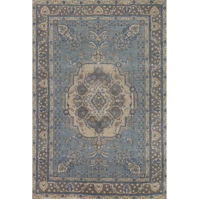 Geometric Blue Tabriz Persian Rug Traditional Hand-Knotted Wool Carpet - 6'7"x 9'9"