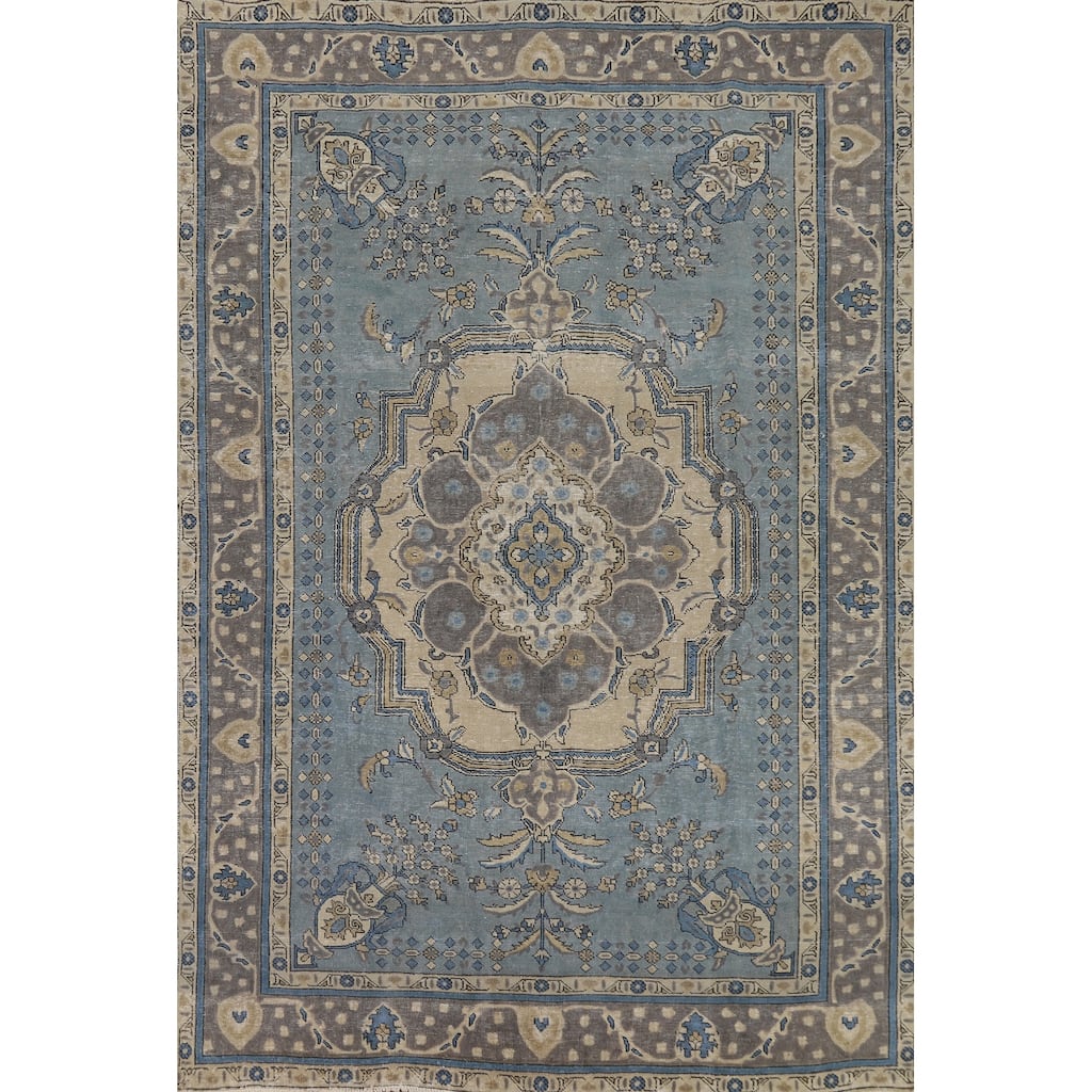 Geometric Blue Tabriz Persian Rug Traditional Hand-Knotted Wool Carpet - 6'7"x 9'9"
