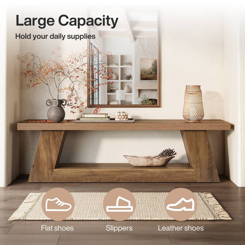 63" Extra Long Wooden Entryway Bench, 2-Tier Storage Shelf Hallway Seating Bench for Living Room, Bedroom, Kitchen