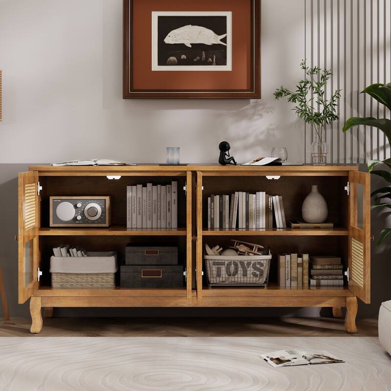 4-Door Sideboard with Large Storage Space Artificial Rattan Doors and Transparent Glass, for Dining Room Living Room