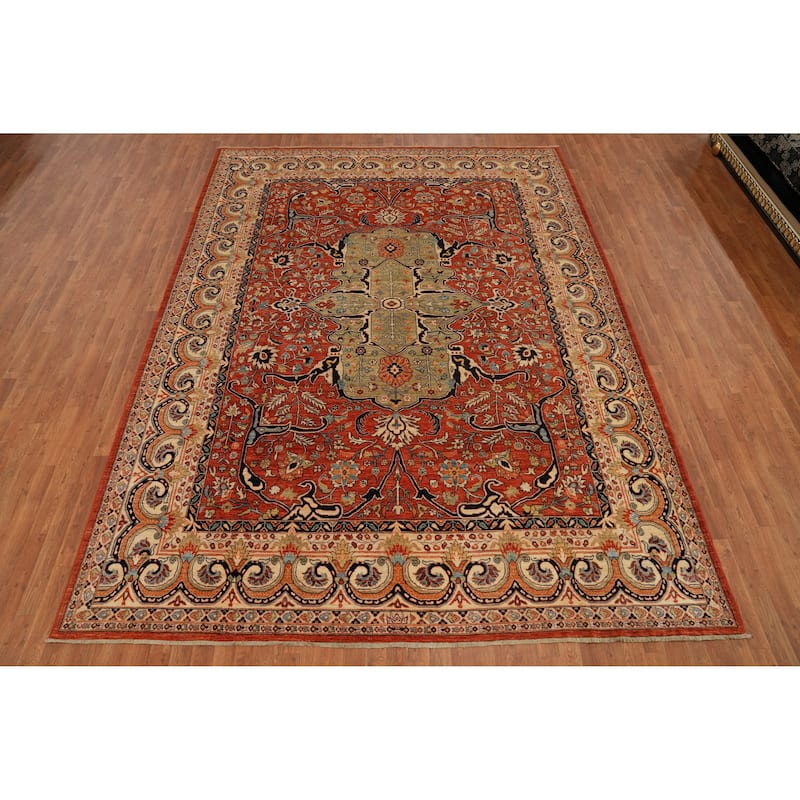 Hand Knotted Traditional Wool Orange Geometric Area Rug - 12' 1'' X 9' 1''
