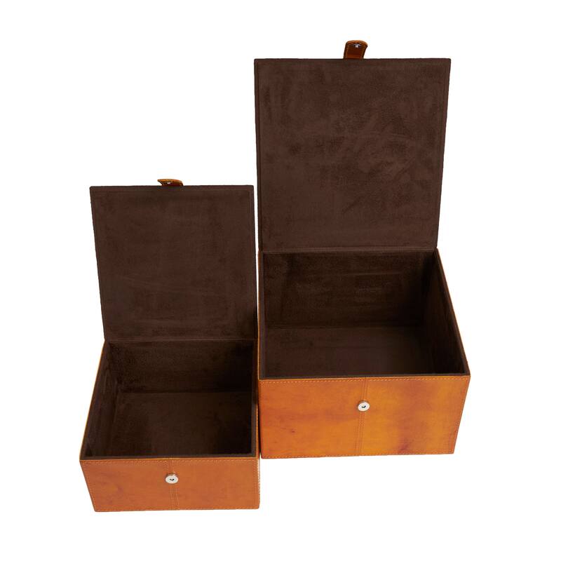 Brown Leather Storage Box with Snap Front Closure and Detailed Stitching (Set of 2)