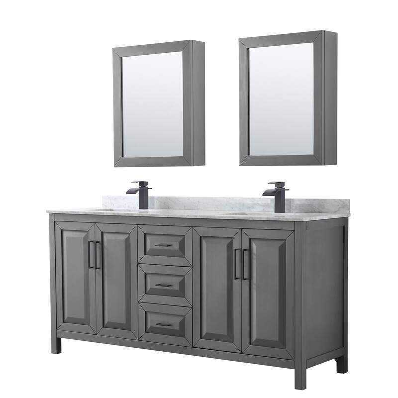 Wyndham Collection Daria 72" Free Standing Double Vanity Set with MDF - Dark Gray / White Carrara Marble Top / Matte Black - Steel Finish
