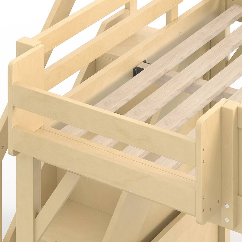 Full/Twin Loft Bed with Built-in Wardrobe, Storage & Stairs - Solid Wood, Full-Length Guardrails, No Box Spring