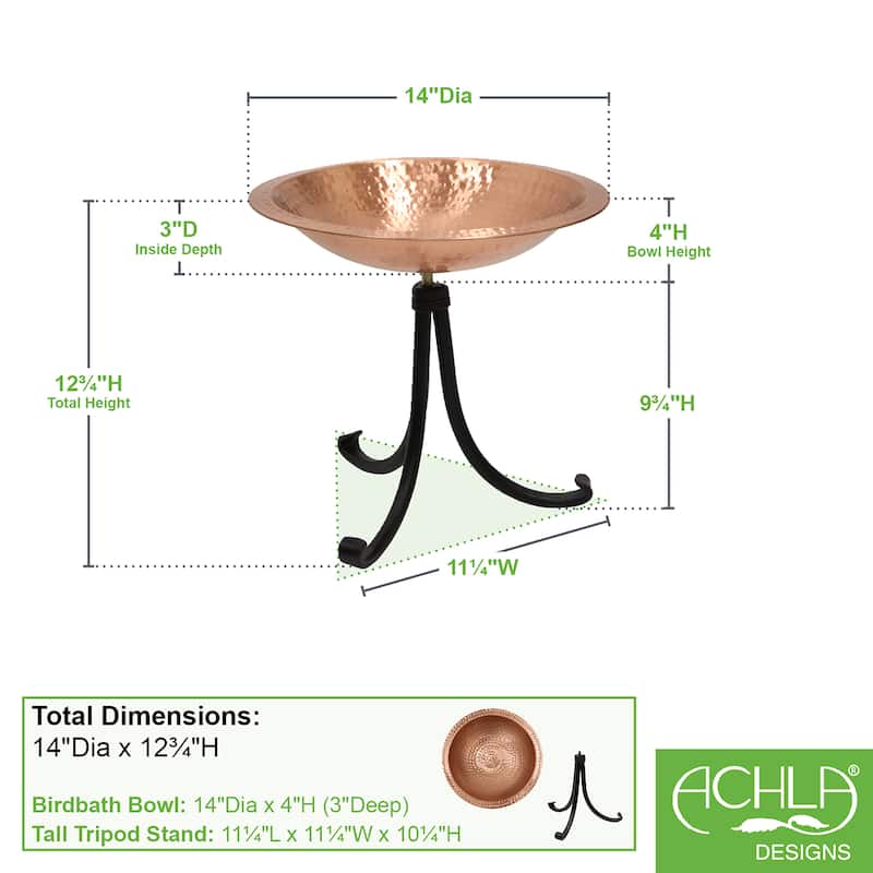 Achla Designs 14"W Round Satin Copper Hammered Solid Birdbath w/ Black Wrought Iron Tripod Stand