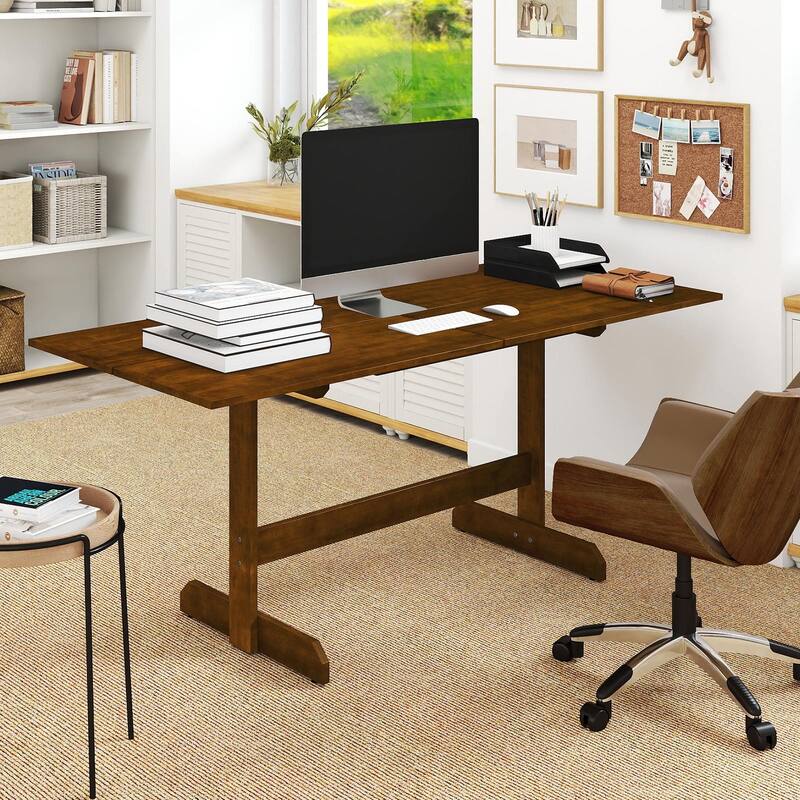 Gymax 71'' Farmhouse Dining Table w/ Rubber Wood Legs Wood Grain