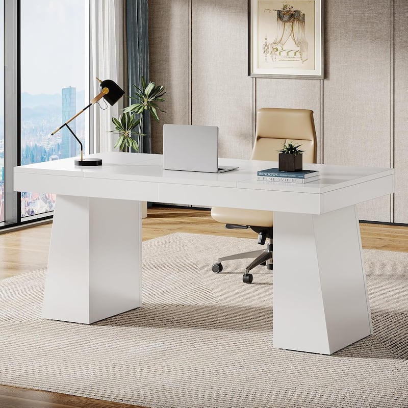55 Inches Mid-Century Executive Desk with Double Trapezoid Base