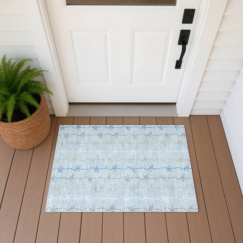 Machine Washable Indoor/ Outdoor Modern Bow Stripe Chantille Rug - Sky - 1'8" x 2'6"