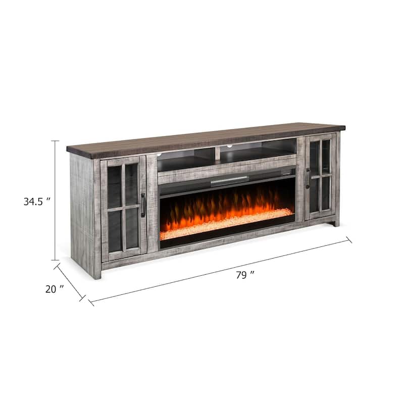 Gery TV Console w Crystal Fireplace, 76 Inch, 2 Cabinets, Gray Brown Mahogany