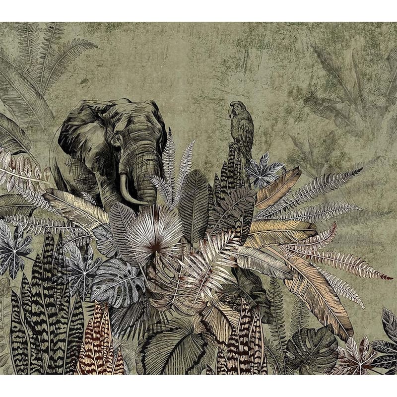 Vintage Safari Elegance Wallpaper Mural Intricate Foliage - Green - W:131" x H:118"