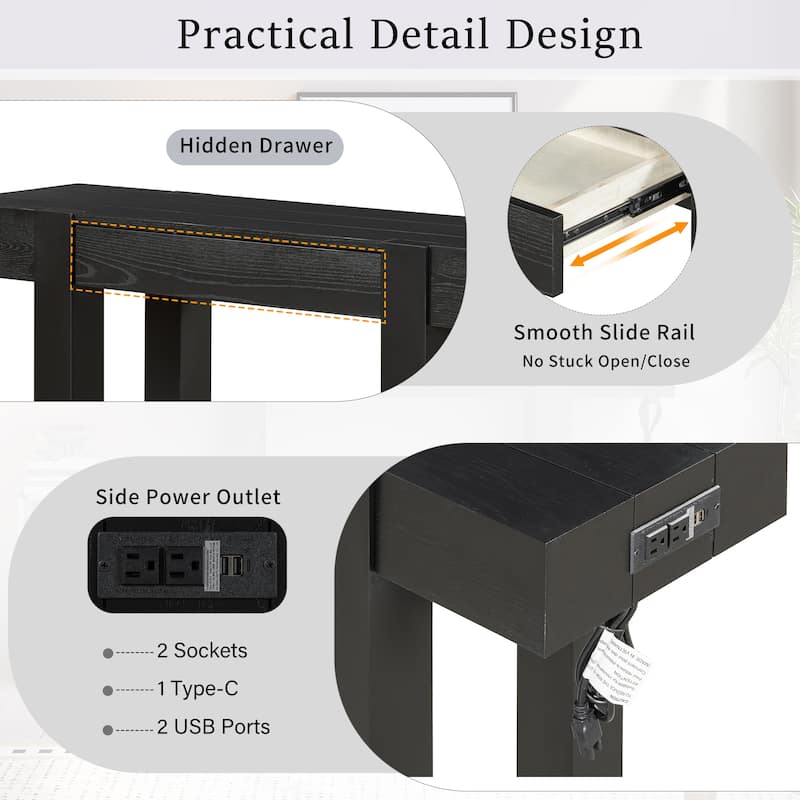 Rustic Minimalist Console Table with 1 Hidden Drawer and Side Power Outlet