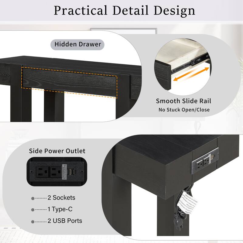 Rustic Minimalist Console Table with Hidden Drawer, Side Power Outlet, Wood Entryway Table for Entryways, Living Rooms
