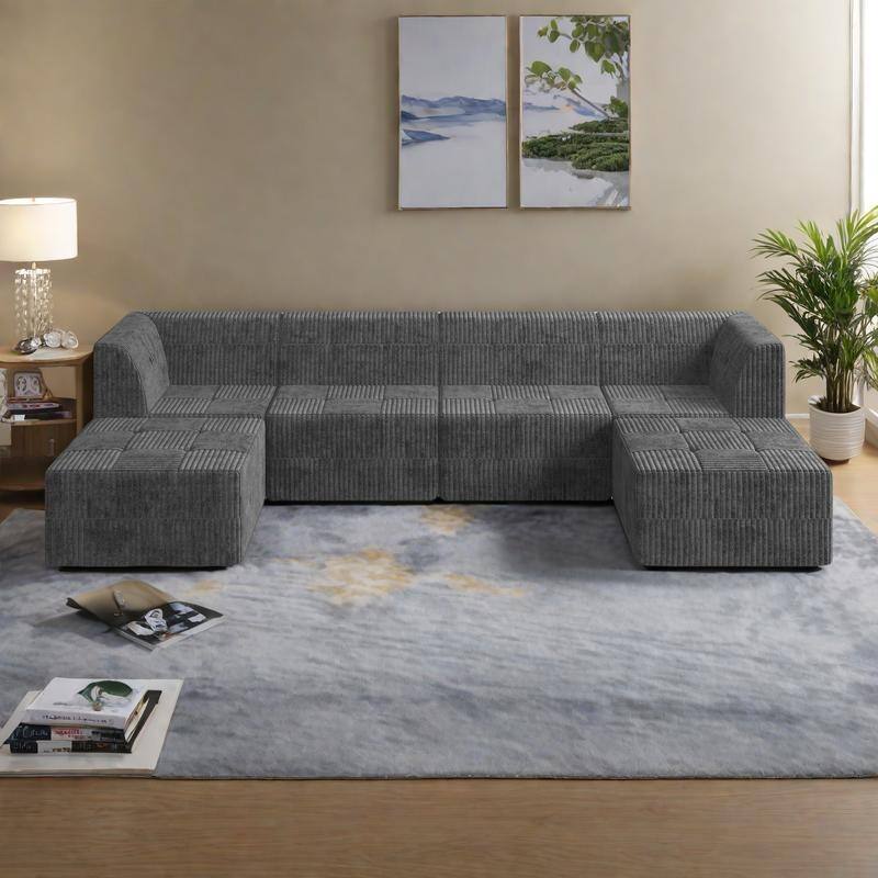 130.32" U-Shaped Corduroy Modular Sectional Sofa with No-Assembly Foam Construction & Convertible Sleeper - Grey