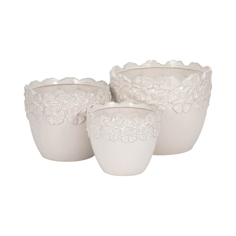 Sagebrook Home 6" Ceramic Iridescent Floral Crown Planter, Ivory