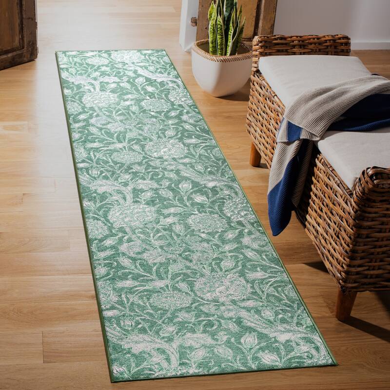 My Magic Carpet Kalini Floral Green Machine Washable Rug - 2.5' x 10'