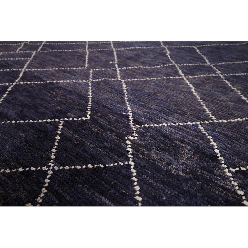 Navy Blue Trellis Moroccan Area Rug Hand-Knotted Wool Carpet - 6'9"x 10'5"