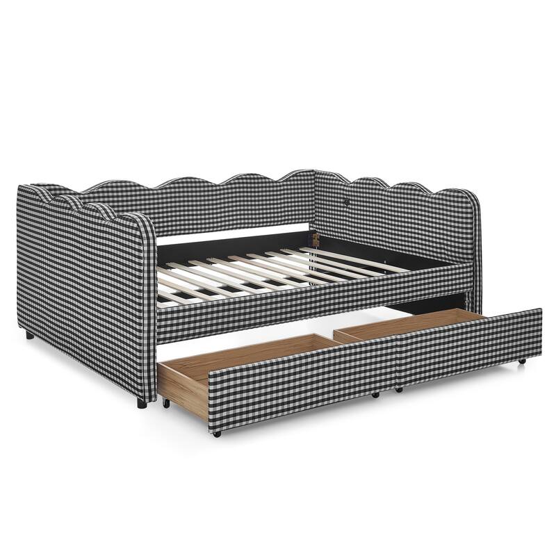Full Size Upholstery Daybed with 2 Storage Drawers and USB Port, Linen Fabric Sofa Bed with Plaid Pattern and Wavy Silhouette