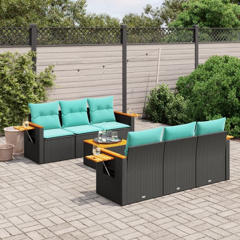 vidaXL 7 Piece Patio Sofa Set with Cushions Black Poly Rattan - 21.7 x 24.4 x 27.2