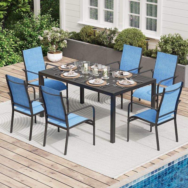 5/7/9-Piece Outdoor Patio Dining Set with Stackable Textilene Chairs and Slatted Table, Furniture with Adjustable Umbrella Hole