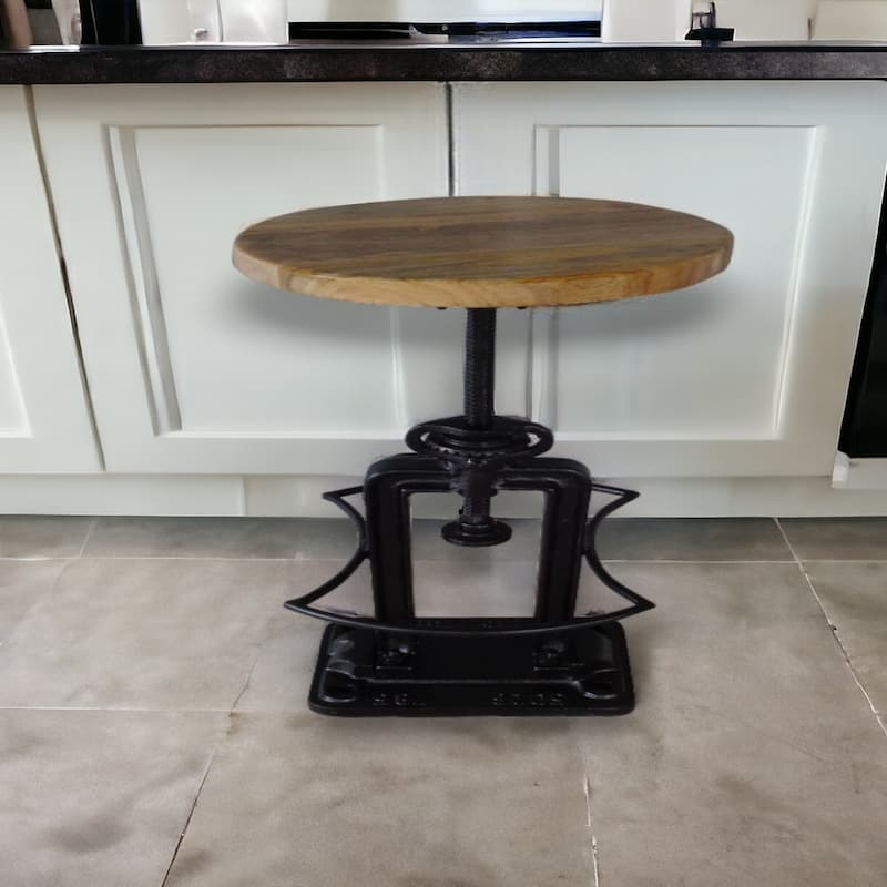 Black Iron and Mango Wood Round Adjustable Bar Stool with Footrest 27 Inch - 13" x 15” x 21” (D x W x H)
