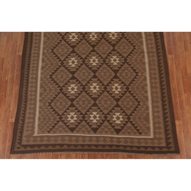 Hand Woven Oriental 100% Wool Carpet Southwestern Geometric Brown Kilim Area Rug - 9' 4'' X 6' 11''