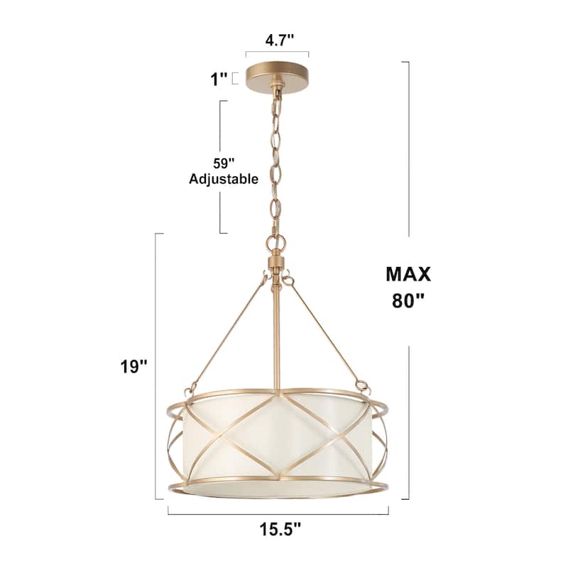 Modern Farmhouse 3-light Gold Chandelier Classic Drum Lantern Metal Ceiling Light with Fabric Shade - D15.5"x H 80"