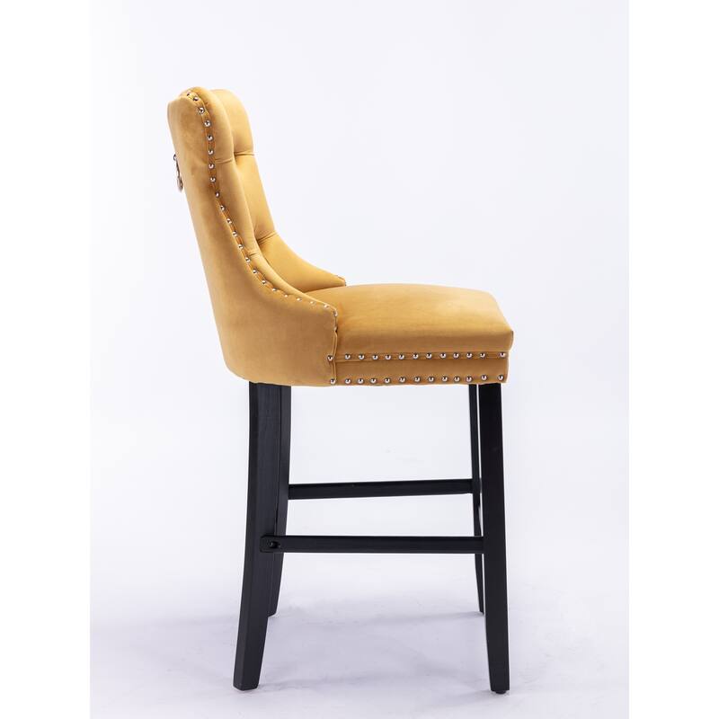 2 Velvet Upholstered Barstools with Button Tufted and Wooden Legs, and Chrome Nailhead Trim - N/A