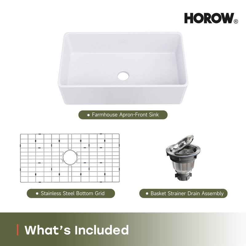 HOROW 33 in. White Fireclay Rectangular Farmhouse Apron-Front Kitchen Sink, Single Bowl with Grid and Strainer