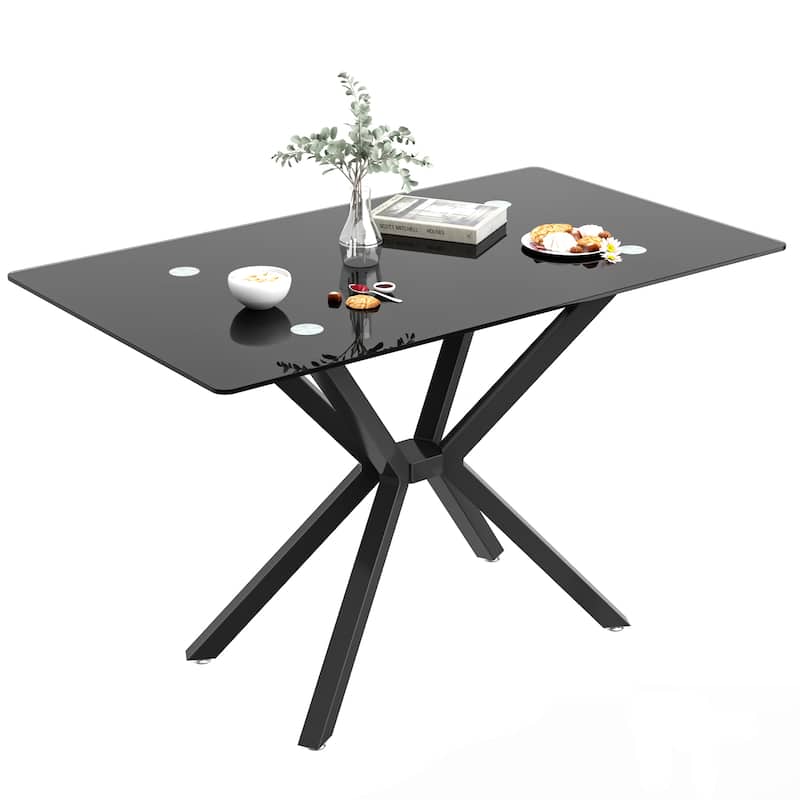 47.24" Rectangular Tempered Glass Dining Table,Stylish Design with Black Metal Legs, Kitchen Table for Dining Room