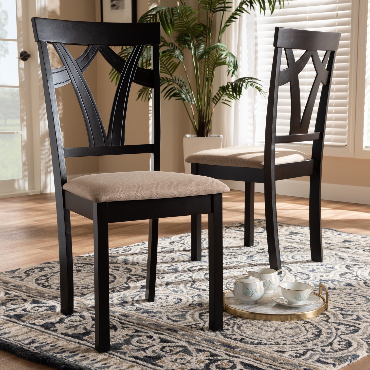 Luxury Fabric Dining Chairs Set - Upholstered Cross Back, Dark Wood Finish - Comfortable Seating