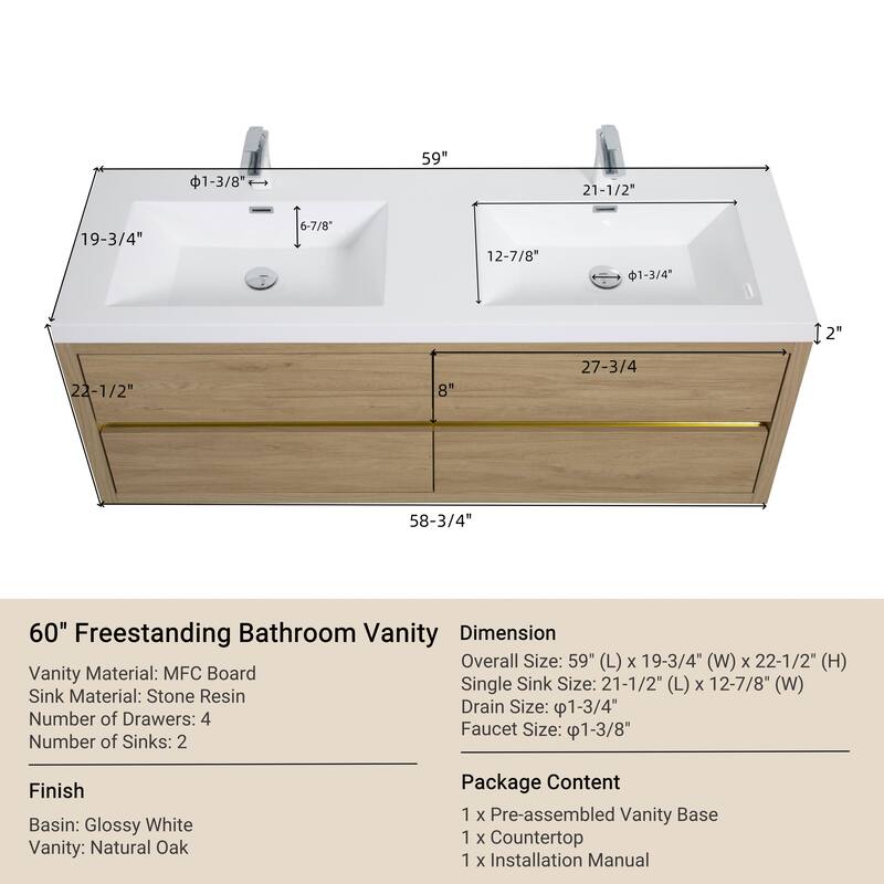 GDFStudio - Maxwell Floating Bathroom Vanity with Stone Resin Countertop & Soft-Close Drawers