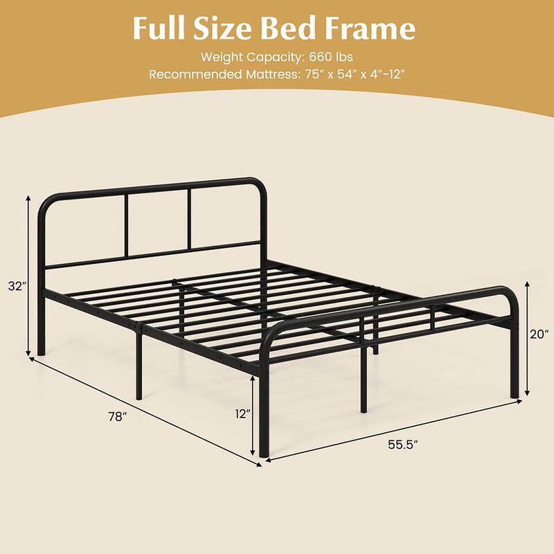 Gymax Full Size Bed Frame Metal Platform Bed Base w/ Headboard &