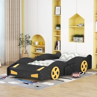 Race Car-Shaped Floor Bed Platform Curve-Design with Storage Footboard Twin Mattress Holder Wood Slat Support - Black