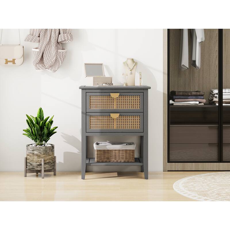 Rattan Haven Natural Style Wooden End Table with 2 Drawers and Open Storage Shelf