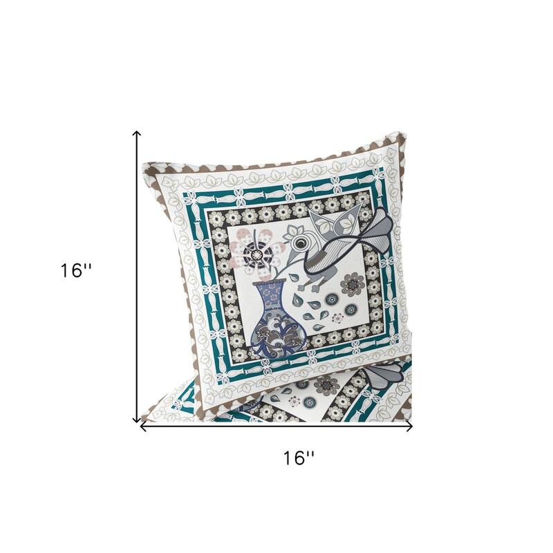 HomeRoots Set of Two 16" X 16" Beige and Green Peacock Blown Seam Floral Indoor Outdoor Throw Pillow - 16.00' X '16.00' X '5.00