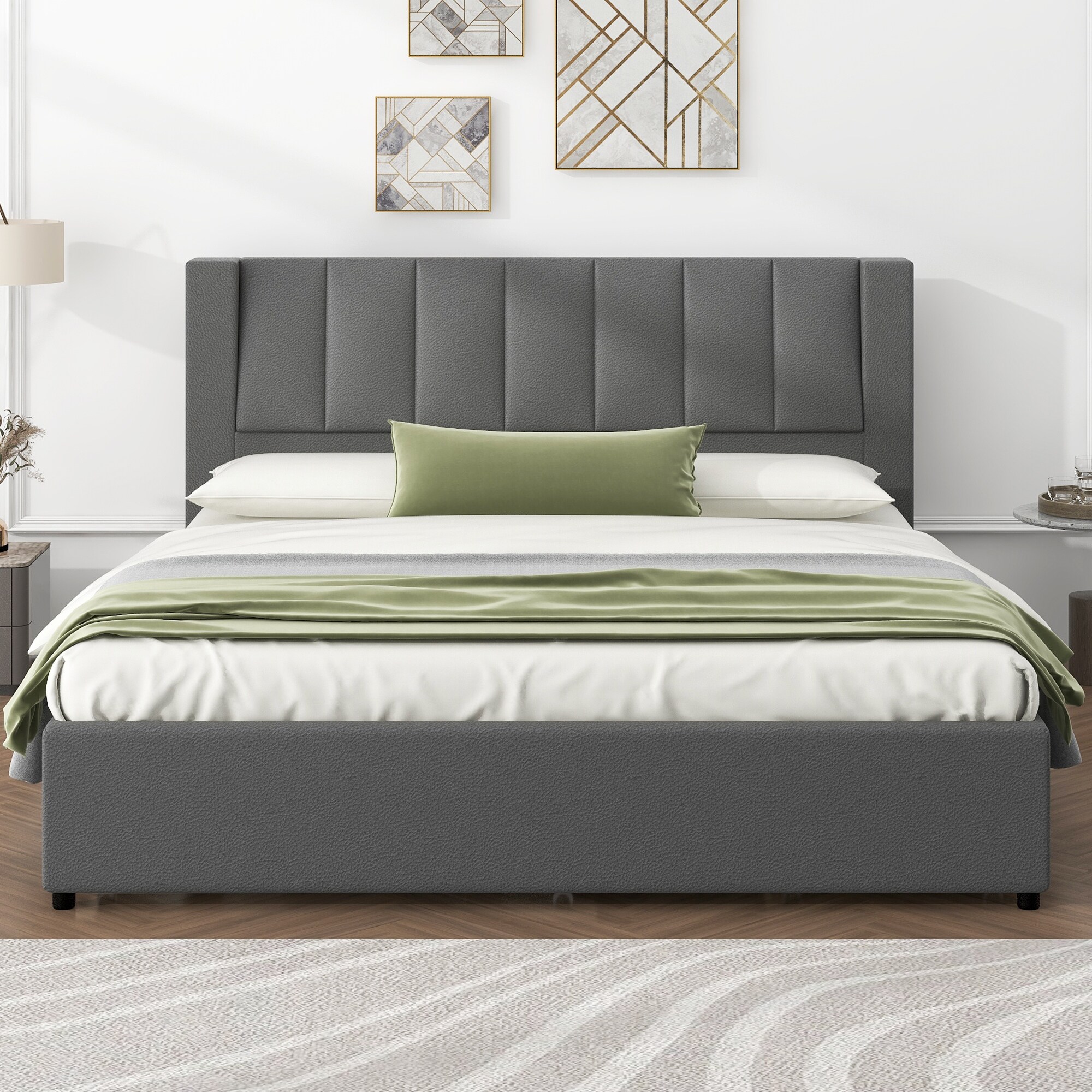 Trundle Platform Bed King Size Upholstered Bed Frame with Storage Headboard and 2 Drawers and Twin SIze Trundle Bed Underneath