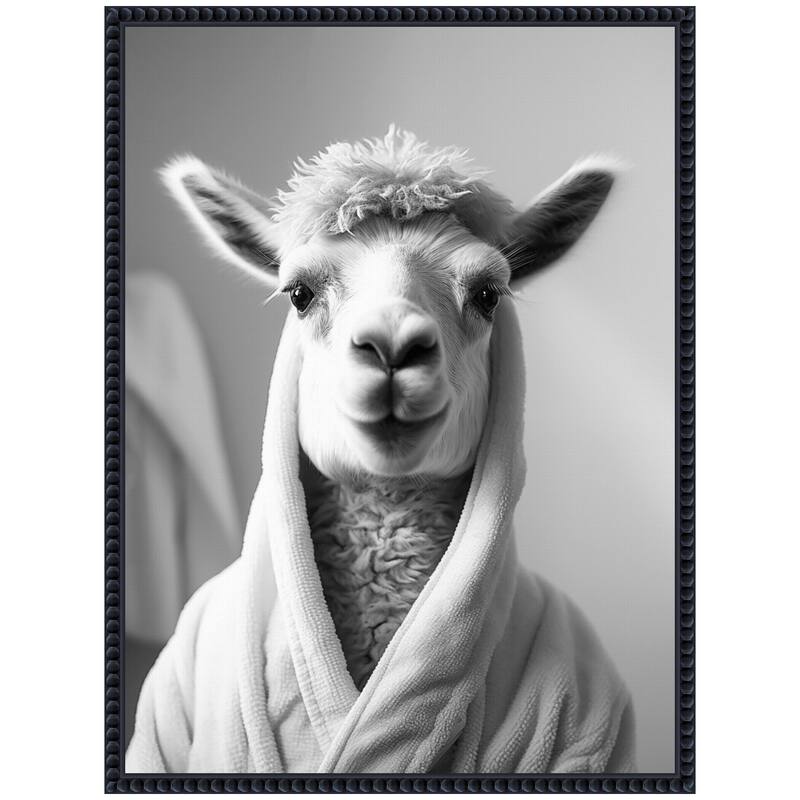 Kate and Laurel Sylvie Llama Bathroom Art Towel Robe Black and White Framed Canvas by The Creative Bunch Studio
