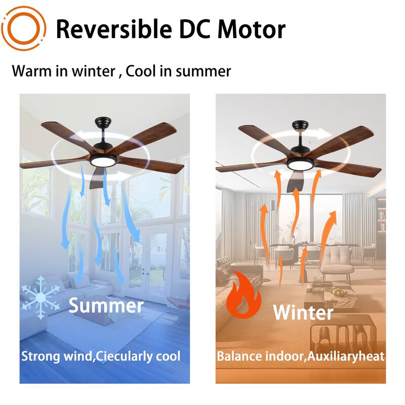 60-Inch Ceiling Fan with Light, 5 Solid Wood Blades, Downrod Mount for Sloped Ceiling ≤15°, Quiet Reversible DC Motor