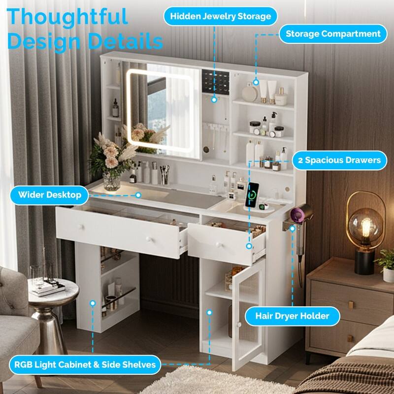 Particle Board Veneered , 2 Drawers, 1 Glass Door, Left and Right 2-tier Shelves, Glass Tabletop, Dressing Table - N/A