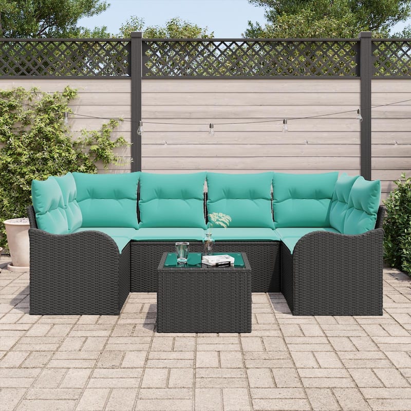 vidaXL 7 Garden Sofa Set with Cushions Black/Brown/Grey Poly Rattan - 92.1 x 48.2 x 27.2