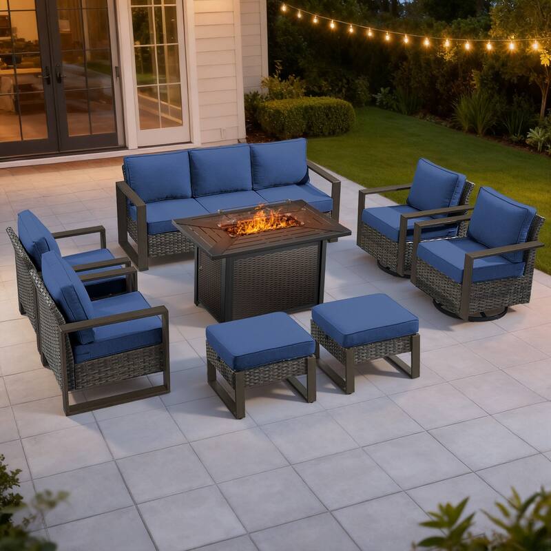 Meyreso Wicker Outdoor Patio Metal Fire Pit Set with Swivel Gliders and Olefin Cushions - Gray / Navy Cushions - 8-Piece