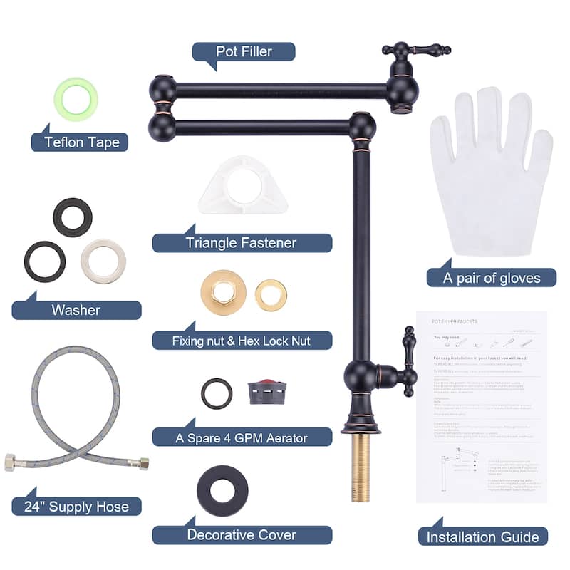 WOWOW 2-Handle Deck Mount Pot Filler Kitchen Faucet with Dual Swing Joints Design