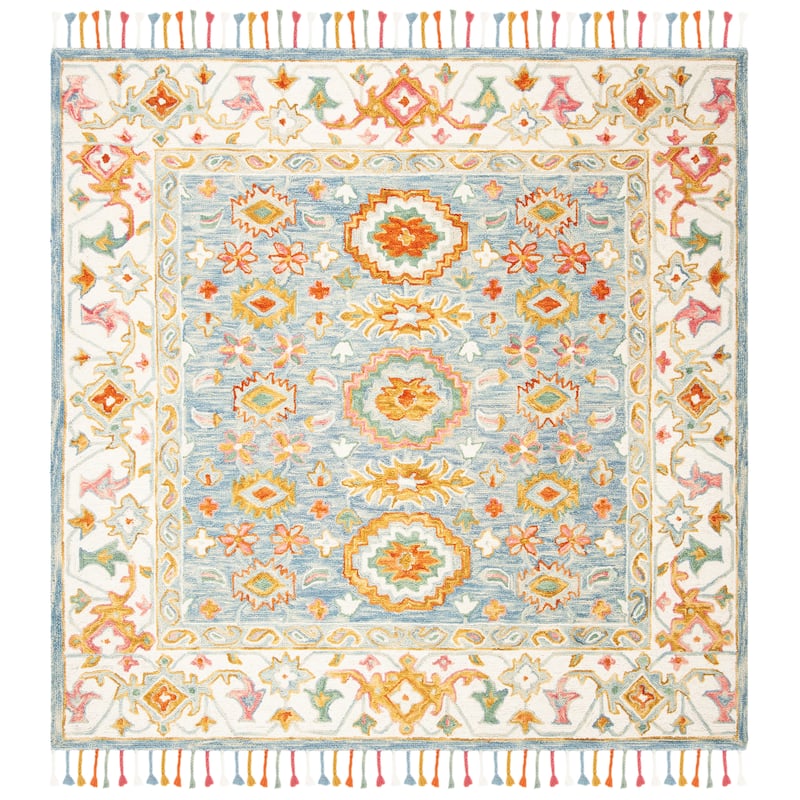 SAFAVIEH Handmade Aspen Marrie & Eclectic Floral & Botanical - 7' x 7' Square - Blue/Ivory - Square/Runner